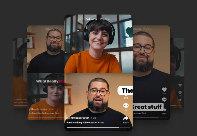 Smartphone screen displays a social media video with a smiling woman wearing headphones and a man with glasses and a beard speaking, with visible likes and comments icons.